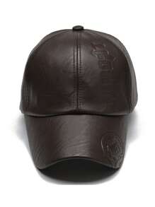 Men 1985 Print Pu Leather Baseball Cap Retro Curved Brim Sun Hat Outdoor Adjustable Sunscreen Leisure Hat Spring Autumn Travel Tourism Beach Vacation - 咖啡棕 - 查看 2