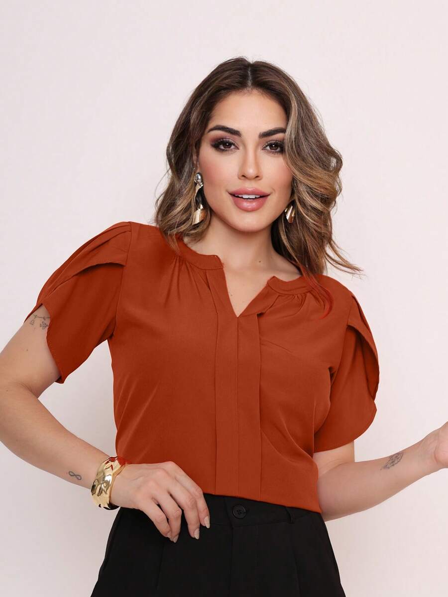 MARILYN MONNA New Women's Solid Color Blouse Petal Sleeve V-Neck Summer Exquisite Neckline Design - Burnt Orange - View 1