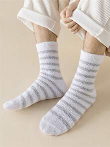 1 双男式舒适白色纯色灰色小条纹温暖柔软毛绒舒适蓬松四分之一袜子 - 白色 - 查看 1