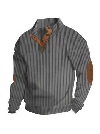 Men's Stand Collar Sweater, Casual V-Neck Jacquard Long Sleeve, Solid Vertical Striped Undershirt, Autumn/Winter
