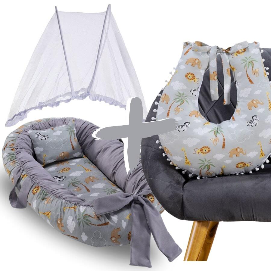 MeF Mae e Filho Baby Crib Reducer Nest Kit + Breastfeeding Pillow + Removable Portable Mosquito Net - Gray Safar - View 1