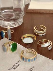 1/6pcs Fashionable Vintage Luxury Niche Design Ins Style High-Quality Diamond & Emerald Adjustable Open Ring, Suitable For Women's Daily Wear, Evening Gala, Photo Shoots, Great Gift For Family & Friends
