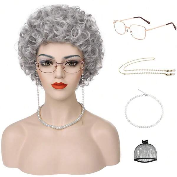 Old Lady Costume Wig For 100 Days Of School Short Grey Curly Grandma Wig Sliver Granny Wig For Old Women's Cosplay Party Halloween Use Mother's Day