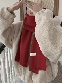 1条女士纯色针织保暖加厚多功能装饰围巾，适合冬季、海滩、度假等场合 - 紅色 - 查看 2