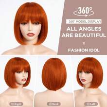 FASHION IDOL Bob Human Hair Wig With Bangs For Women Short Straight Hair 8 Inch Wine Red Glueless Machine Made Short Bob Wigs - S ORANGE - View 2