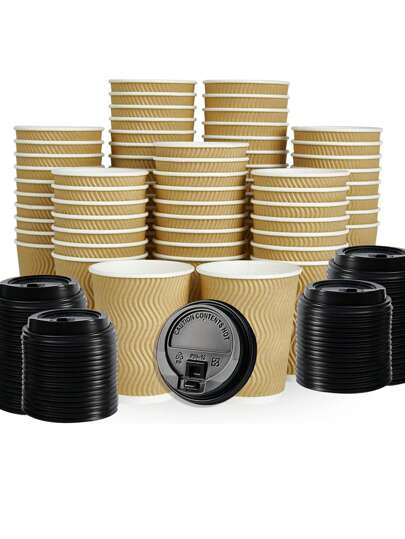 8/12/16 Oz Portable Disposable Corrugated Paper Cup With Lid Coffee Cup 5/10/20 Set Of Corrugated Wall Insulated Coffee Cups, Suitable For Hot/Cold Drinks, Takeaway Drinking Cups, Suitable For Family Office Coffee Shop Party Trips (Multi-Color Optional)