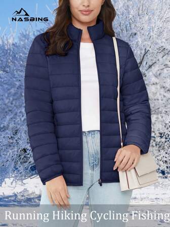 NASBING Women's Lightweight Quilted Down Jacket, Water-Resistant Stand Collar Zip-Up Warm Coat With 4 Pockets