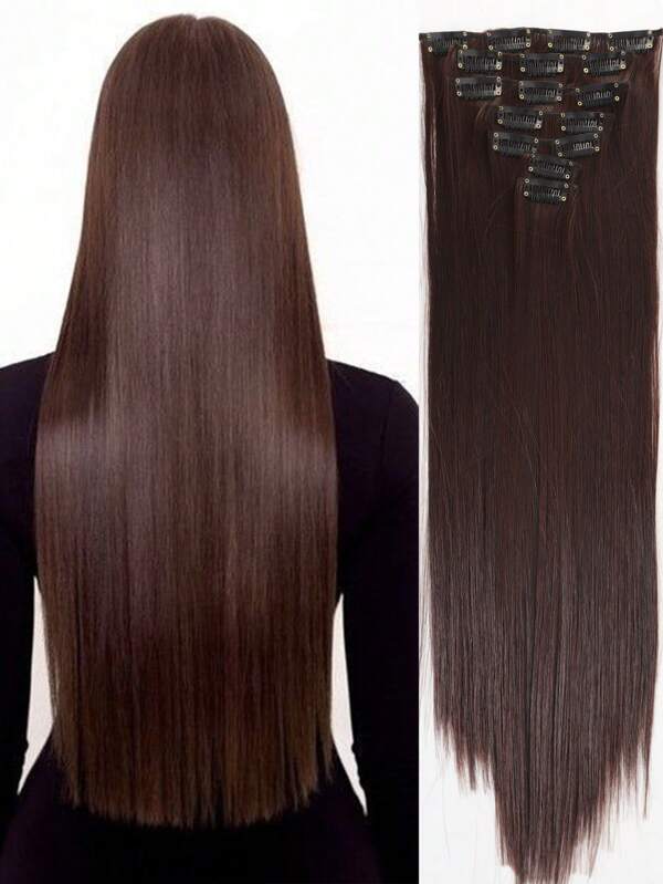 7 Pieces/Set 16 Clip Hair Extensions 18 Inch To 32 Inch Dark Brown Long Straight Hair Women's Synthetic Hair Extensions Thick Clip-On Hair Extensions