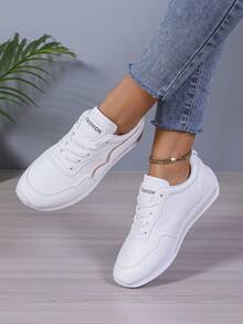 Giày thể thao nữ cỡ lớn Giày đi học Giày đế bằng màu trắng Giày đế bằng buộc dây thoải mái Giày thể thao chống trượt - trắng - Xem 3