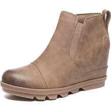 Athlefit Women's Leather Wedge Ankle Boots Stylish Comfort Slip-On Waterproof Leather Platform Booties - Màu Khaki - Xem 2