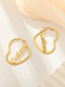 1pair Customized Name Heart-Shaped Earrings, Romantic Personalized Name Hoop Earrings, Stainless Steel Custom Earrings, Gift For Valentine's Day, Mom, Bridesmaid, Christmas, Graduation, Anniversary