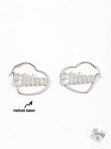 1pair Customized Name Heart-Shaped Earrings, Romantic Personalized Name Hoop Earrings, Stainless Steel Custom Earrings, Gift For Valentine's Day, Mom, Bridesmaid, Christmas, Graduation, Anniversary