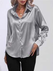 Women Fashion Casual Collared Button-Up Long Sleeve Satin-Faced Poplin Solid Color Blouse - Silver - View 3