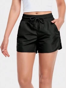 VUTRU Letter Graphic Drawstring Waist Sports Shorts - Black - View 4