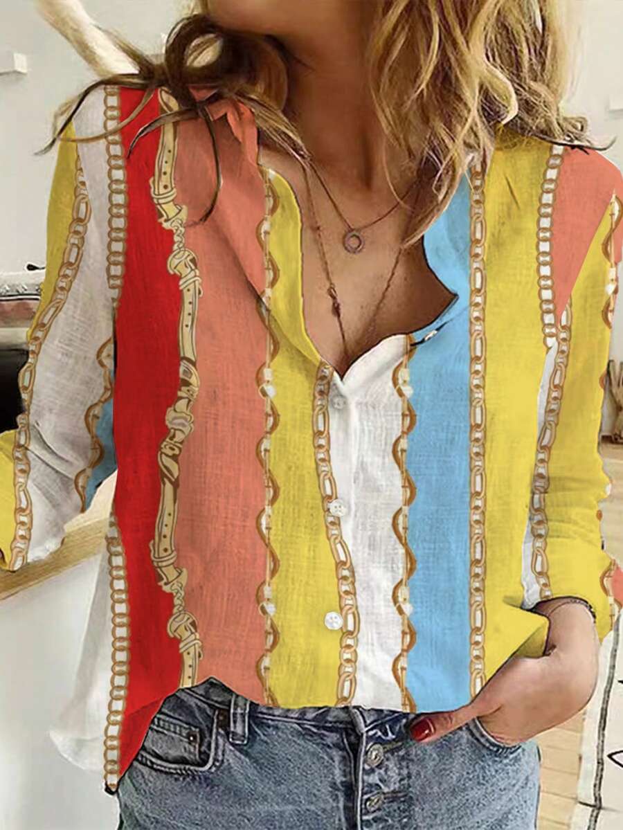 Áo sơ mi dài tay in họa tiết xích màu đơn giản giản dị cho nữ, Xuân/Hè - Nhiều màu - Xem 1