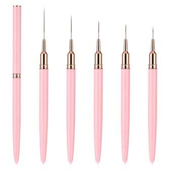 美甲内衬刷，5 件装绘画美甲刷 5 件/套塑料手柄指甲点画工具，适用于长线，精细绘图尺寸 6/9/11/15/25 毫米（粉色金色）绘画设计工具指甲精细绘图笔