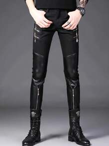 Punk Skull Zipper Stage Performance, Biker Faux Leather Patchwork Slim-Fit Skinny Pants For Men - Black - View 4