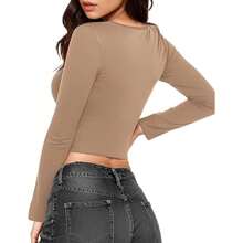 Solid Color Women's Long Sleeve Cropped Top, Low Crewneck, Sexy Slim Fit, Casual Basic Layer, Lightweight And Soft, Sweatshirt For Outdoor Wear - 棕色 - 查看 3