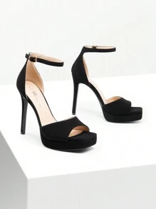 Women Rhinestone High Platform Heeled Sandals, Ankle Strap Open Toe High Stilettos Party Dress Sandals, For Wedding, Party, Prom - BLACK/NUBUCK - View 6