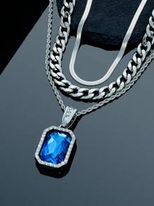 3pcs/Set Men's Necklace Set Including Alloy Inlaid Blue/Red/Green Gem Chain, Snake Chain Necklace, Choker Chain, Rapper Jewelry Gift With Card And Gift Box - Jewelry Set - View 7