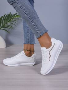 Giày thể thao nữ cỡ lớn Giày đi học Giày đế bằng màu trắng Giày đế bằng buộc dây thoải mái Giày thể thao chống trượt - trắng - Xem 5