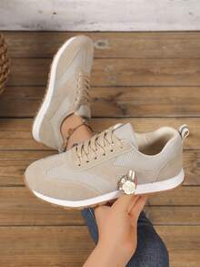 2024 春夏新品女士网眼透气平底运动鞋复古休闲芭蕾舞鞋 - 杏色 - 查看 2