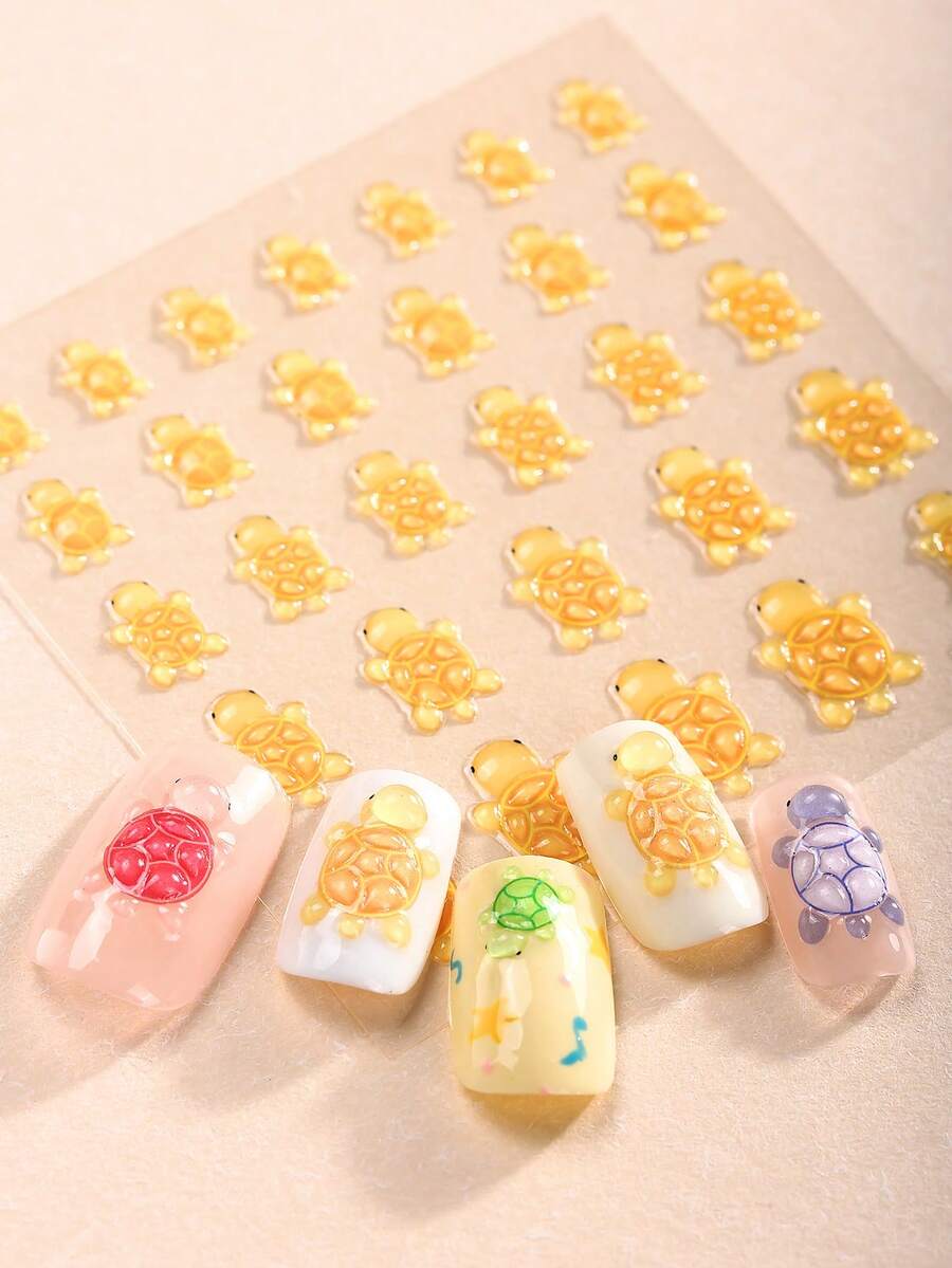 Beauty Sticker 1 件 5D 卡通指甲贴纸，果冻纹理夜光卡通乌龟自粘指甲贴花，女士家居 DIY 美甲用品 - 橘色 - 查看 1