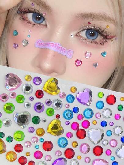 1 Sheet Random Glitter Colorful Heart Face Jewelry Sticker Eyeshadow Crystal Makeup Art Eye Body Face Jewels Bady Makeup Tools Eyeliner Temporary Self Adhesive Nail Beauty Eye Rhinestone