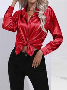 Ladies' Casual Turn-Down Collar Button Faux Silk Satin Solid Color Long Sleeve Blouse,Long Sleeve Tops - Đỏ - Xem 4