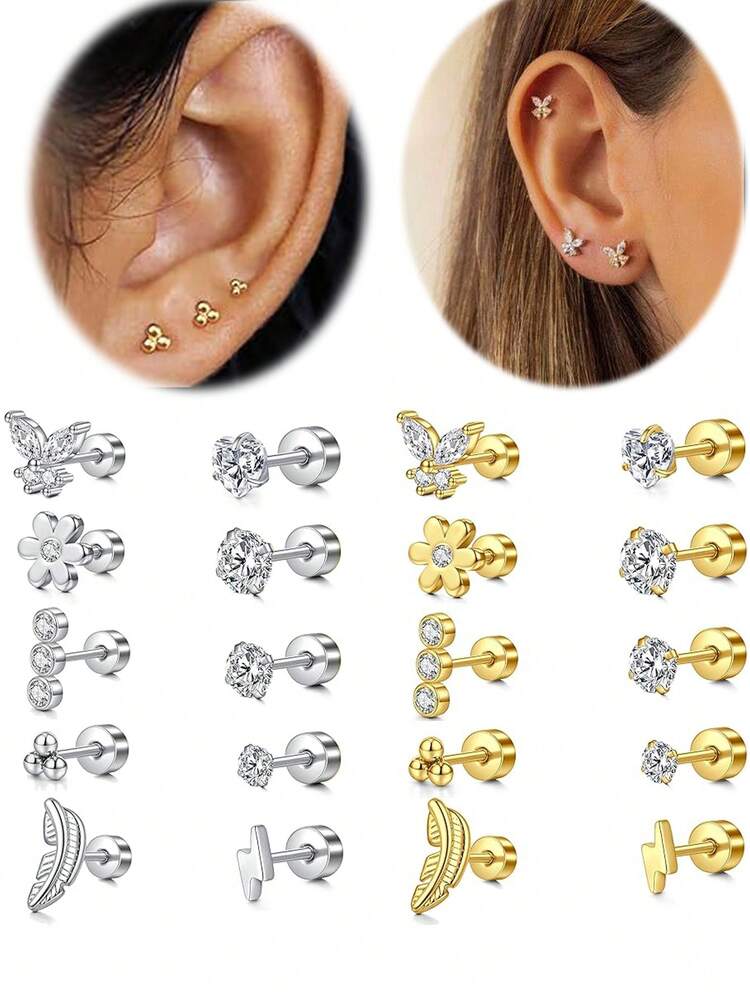 AVYRING 6ps Flat Back Earrings Silver Gold Flat Back Cartilage Earring For Women Flat Back Stud Earrings Flatback Stud Earrings Hypoallergenic Screw Back Earrings For Women - Multicolor - View 4