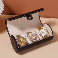 1pc Travel Portable Round Watch Box 3-Slot Watch Organizer Box Home Leather Watch & Bracelet Storage Case Back To School - Multicolor - View 3