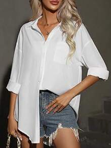 Camicia formale oversize con bottoni, spalle larghe, stile boyfriend, con tasche, manica lunga per donna