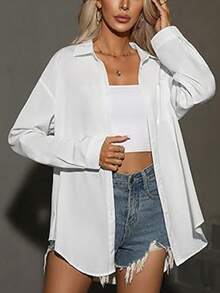Women's Oversized Button-Up Blouse, Drop Shoulder, Boyfriend Style Formal Shirt With Pockets, Long Sleeve - White - View 3