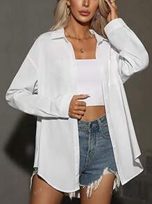 Camicia formale oversize con bottoni, spalle larghe, stile boyfriend, con tasche, manica lunga per donna