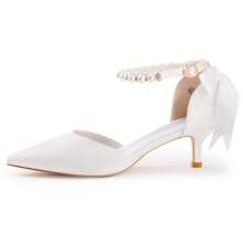 Womens Pearl Ankle Strap Pumps Low Kitten Heel D'Orsay Satin Back Tieknot Heels Pointed Toe Wedding Party Dress Shoes Christmas Gift & New Year Gift