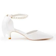 Womens Pearl Ankle Strap Pumps Low Kitten Heel D'Orsay Satin Back Tieknot Heels Pointed Toe Wedding Party Dress Shoes Christmas Gift & New Year Gift