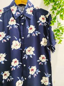 Floral Hawaiian Beach Shirt Summer Men's Short Sleeve Button Down 100% Viscose Fabric Shrinks A Little - 藍色 - 查看 3