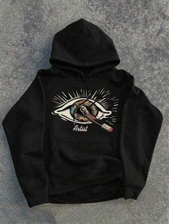 Shwiy 男士秋冬印花字母复古眼睛图案印花字母绘画艺术家元素侧口袋连帽衫