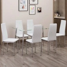 Table And Chair Set.Rectangular Dining Table With Tempered Glass Tabletop And Silver Plating Metal Legs.Paired With 6 Checkered Armless High Back White Chairs With Electroplated Metal Legs. - 白色+玻璃+金屬+6座如圖 - 查看 2