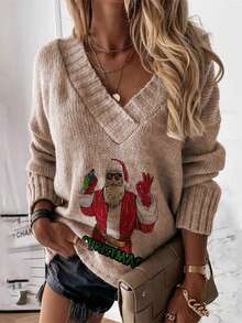 Boho V-Neck Christmas Print Casual Loose Knit Pullover Top