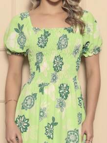 Long Puff Sleeve Elastex Florida Printed Party Dress - 綠色 - 查看 4