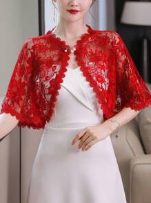 1 件花卉蕾丝仿珍珠纽扣新娘披肩，有白色、黑色、香槟色、红色、粉色可选，优雅性感时尚，适合婚礼、正式活动、派对和日常穿着情人节秋季女士服装