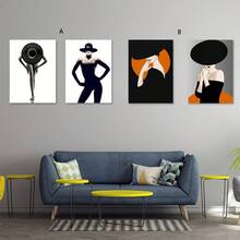2 bức tranh vải canvas in hình cô gái thời trang đen trắng sang trọng trang trí tường, váy đen thanh lịch, mũ cam dành cho phụ nữ, quà tặng lý tưởng cho phòng ngủ, phòng khách, hành lang, trang trí tường nghệ thuật, không có khung - Nhiều màu - Xem 2