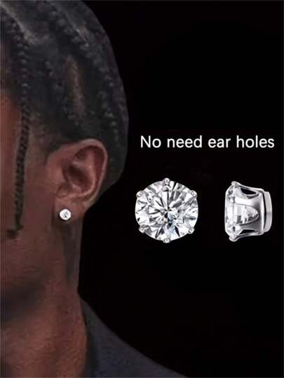 2pcs Fashion Personalized Street Style Silver Plated Transparent Cubic Zirconia Magnetic Clip-On Earrings For Men, Daily Wear And Suitable For All Occasions, Perfect Gift For Boyfriend, Husband, Father, Family And Friends