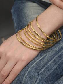 7pcs/Set Elegant Plated Gold Smooth 2mm Thin Bangle Bracelet Set, Suitable For Party, Daily Wear, Anniversary, Holiday Gift - Gold - View 3