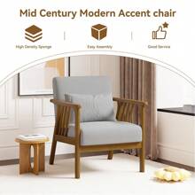 Nalupatio Mid-Century Modern Accent Chair With Solid Wood Frame, Upholstered Wood Reading Arm Chair With Waist Pillow & Soft Cushion, Lounge Chair For Living Room, Bedroom, Balcony