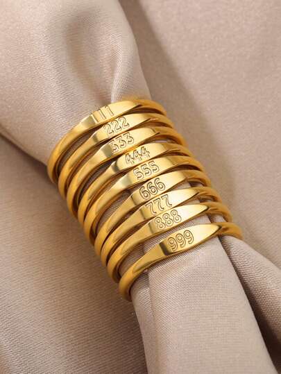 1 pieza Anillos con números de ángel 111 444 777 de acero inoxidable minimalista, chapados en oro de 18k, en varios tamaños, para mujeres, pareja, estética, boda,  dorado, joyería anti desvanecimiento, accesorios de uso diario, regalos