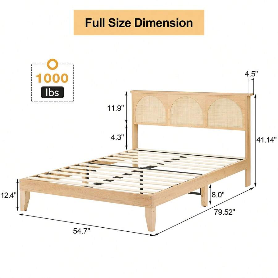 Rattan Queen Bed Frame With LED Lights And Storage Headboard, Queen