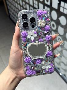 1 szt. Sheer Luxe Pearl Crown Mirror Sparkle Diamond Phone Case Round Bow Mirror Purple Pink Flower Party Phone Back Cover kompatybilny z Galaxy S23 S24 25 Ultra A15 A13 A56 A52 A53 A55 A26 A34 i kompatybilny z 15 12 13 14 16 Plus 17 Pro Max
