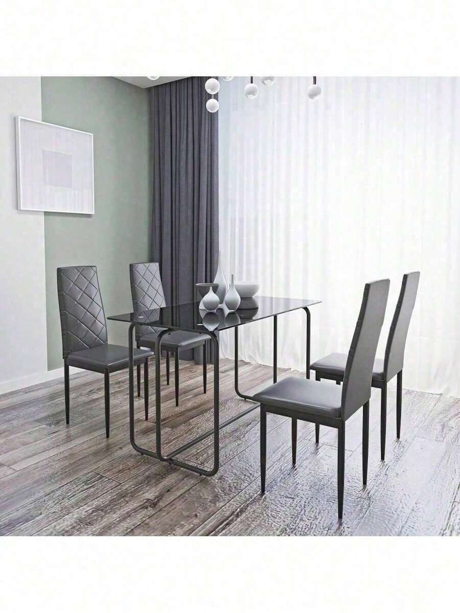 5Piece Rectangle Dining Table Set With Metal Frame, Tempered Glass